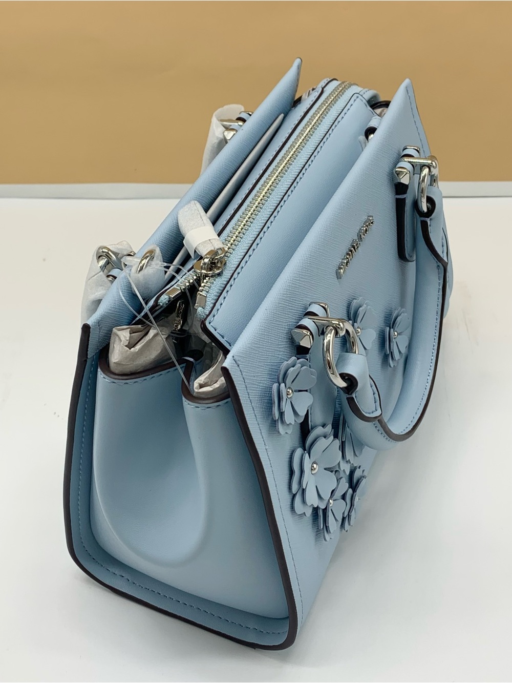 Michael Kors Marilyn Small Embellished Satchel Pale Ocean color - Picture 7 of 15